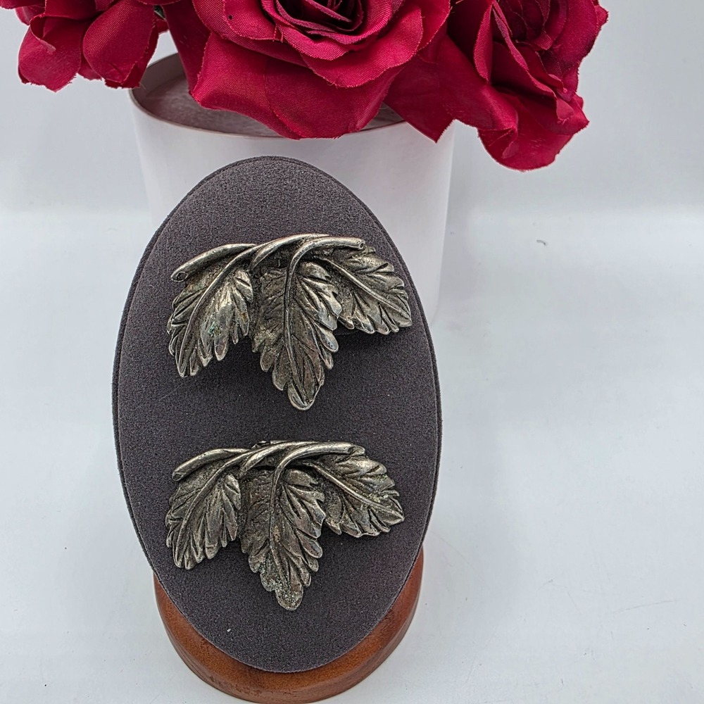 Vintage Musi Sterling Silver Leaf Dress Shoe Clips Brooches Pair Ornate Artwear